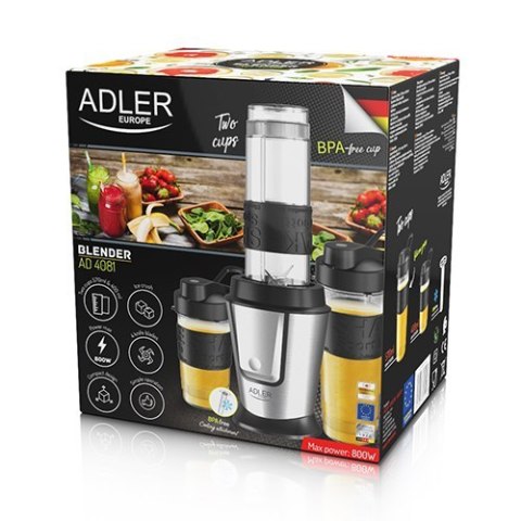 Adler | Blender | AD 4081 | Tabletop | 800 W | Jar material BPA Free Plastic | Jar capacity 0.57 and 0.4 L | Ice crushing | Blac Adler | Blender | AD 4081 | Tabletop | 800 W | Jar material BPA Free Plastic | Jar capacity 0.57 and 0.4 L | Ice crushing | Blac