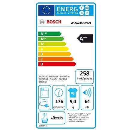 Bosch | WQG245AMSN Series 6 | Dryer Machine | Energy efficiency class A++ | Front loading | 9 kg | Sensitive dry | LED | Depth 6 Bosch | WQG245AMSN Series 6 | Dryer Machine | Energy efficiency class A++ | Front loading | 9 kg | Sensitive dry | LED | Depth 6