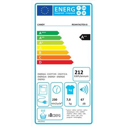 Candy | RO4 H7A2TEX-S | Dryer Machine | Energy efficiency class A++ | Front loading | 7 kg | LCD | Depth 46.5 cm | Wi-Fi | White Candy | RO4 H7A2TEX-S | Dryer Machine | Energy efficiency class A++ | Front loading | 7 kg | LCD | Depth 46.5 cm | Wi-Fi | White