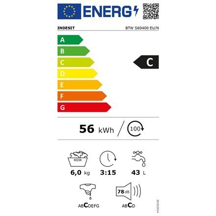 INDESIT | BTW S60400 EU/N | Washing machine | Energy efficiency class C | Top loading | Washing capacity 6 kg | 951 RPM | Depth INDESIT | BTW S60400 EU/N | Washing machine | Energy efficiency class C | Top loading | Washing capacity 6 kg | 951 RPM | Depth