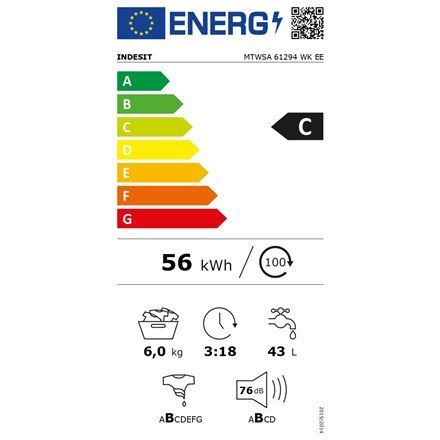INDESIT | MTWSA 61294 WK EE | Washing machine | Energy efficiency class C | Front loading | Washing capacity 6 kg | 1151 RPM | D INDESIT | MTWSA 61294 WK EE | Washing machine | Energy efficiency class C | Front loading | Washing capacity 6 kg | 1151 RPM | D