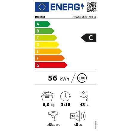 INDESIT | MTWSE 61294 WK EE | Washing machine | Energy efficiency class C | Front loading | Washing capacity 6 kg | 1151 RPM | D INDESIT | MTWSE 61294 WK EE | Washing machine | Energy efficiency class C | Front loading | Washing capacity 6 kg | 1151 RPM | D