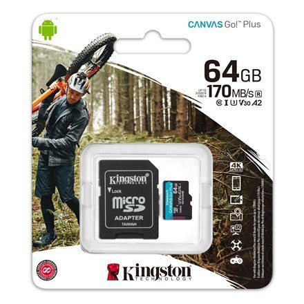 Kingston | microSD | Canvas Go! Plus | 64 GB | MicroSD | Flash memory class 10 | SD Adapter Kingston | microSD | Canvas Go! Plus | 64 GB | MicroSD | Flash memory class 10 | SD Adapter
