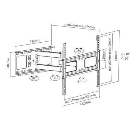 Sunne | Wall mount | 37-63-EA2 | Full motion | 37-70 " | Maximum weight (capacity) 50 kg | Black