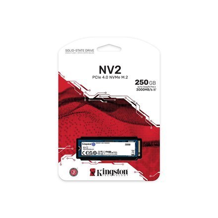 Kingston | SSD | NV2 | 250 GB | Format SSD M.2 2280 | Interfejs SSD PCIe 4.0 x4 NVMe | Prędkość odczytu 3000 MB/s | Prędkość zap Kingston | SSD | NV2 | 250 GB | Format SSD M.2 2280 | Interfejs SSD PCIe 4.0 x4 NVMe | Prędkość odczytu 3000 MB/s | Prędkość zap