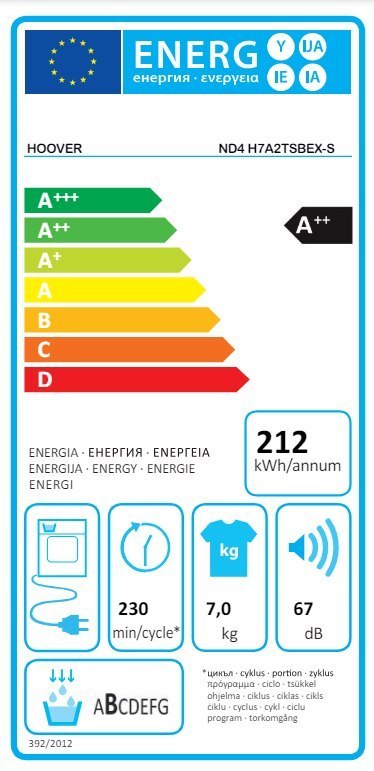 Suszarka Hoover | ND4 H7A2TSBEX-S | Klasa efektywności energetycznej A++ | Ładowana od przodu | 7 kg | LCD | Głębokość 54 cm | W Suszarka Hoover | ND4 H7A2TSBEX-S | Klasa efektywności energetycznej A++ | Ładowana od przodu | 7 kg | LCD | Głębokość 54 cm | W