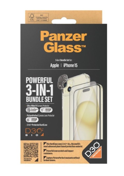 PanzerGlass | Panzerglass 3-w-1 Pack | iPhone | iPhone 15 | Clear | Kompatybilny z bezprzewodowym ładowaniem. Odporny na zarysow PanzerGlass | Panzerglass 3-w-1 Pack | iPhone | iPhone 15 | Clear | Kompatybilny z bezprzewodowym ładowaniem. Odporny na zarysow