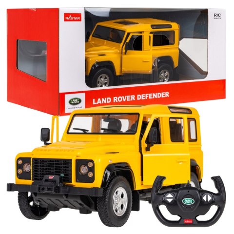 Land Rover Defender żółty RASTAR model 1:14 Zdalnie sterowanie auto + Pilot 2,4 GHz + Ręcznie otwierane drzwi Land Rover Defender żółty RASTAR model 1:14 Zdalnie sterowanie auto + Pilot 2,4 GHz + Ręcznie otwierane drzwi