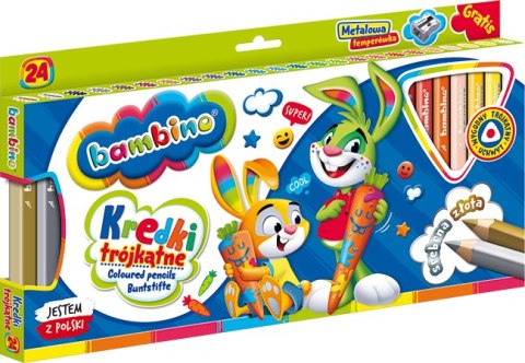 Kredki BAMBINO trójkątne w oprawie drewnianej 24 kolory + temperówka ZWIERZAKI UCZNIAKI Kredki BAMBINO trójkątne w oprawie drewnianej 24 kolory + temperówka ZWIERZAKI UCZNIAKI