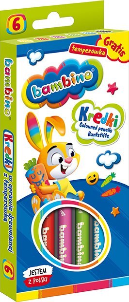 Kredki BAMBINO w oprawie drewnianej 6 kolorów + temperówka ZWIERZAKI UCZNIAKI Kredki BAMBINO w oprawie drewnianej 6 kolorów + temperówka ZWIERZAKI UCZNIAKI