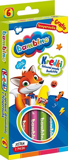 Kredki BAMBINO w oprawie drewnianej 6 kolorów + temperówka ZWIERZAKI UCZNIAKI Kredki BAMBINO w oprawie drewnianej 6 kolorów + temperówka ZWIERZAKI UCZNIAKI