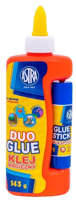 Klej DUO Klej magiczny w płynie PVA ASTRA 143g + Klej w sztyfcie ASTRA 8g Klej DUO Klej magiczny w płynie PVA ASTRA 143g + Klej w sztyfcie ASTRA 8g