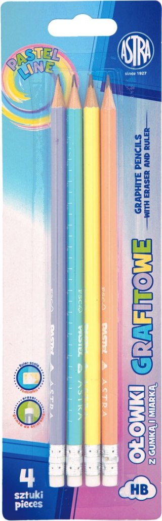 Ołówki grafitowe trójkątne HB z gumką i miarką ASTRA PASTEL LINE - 4 szt.