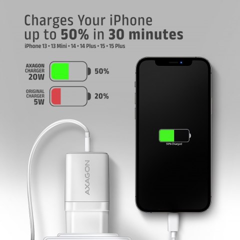 AXAGON Wallcharger 1x port USB-C, PD3.0 / PPS /QC4+/AFC/FCP/Apple, 20W | ACU-PD20W