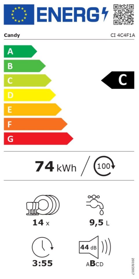 Candy Dishwasher | CI 4C4F1A | Built-in | Width 60 cm | Number of place settings 14 | Number of programs 8 | Energy efficiency c Candy Dishwasher | CI 4C4F1A | Built-in | Width 60 cm | Number of place settings 14 | Number of programs 8 | Energy efficiency c