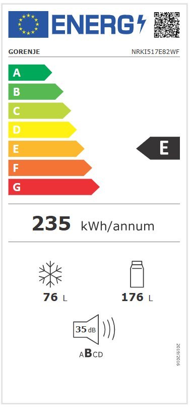 Gorenje Refrigerator | NRKI517E82WF | Energy efficiency class E | Built-in | Combi | Height 177.2 cm | No Frost system | Fridge