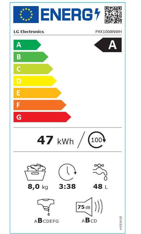 LG Washing Machine | F4X1008NWH | Energy efficiency class A | Front loading | Washing capacity 8 kg | 1400 RPM | Depth 56 cm | W LG Washing Machine | F4X1008NWH | Energy efficiency class A | Front loading | Washing capacity 8 kg | 1400 RPM | Depth 56 cm | W