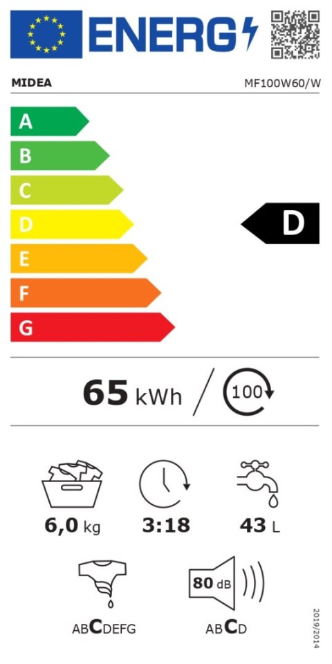 Pralka Midea | MF100W60/W | Klasa efektywności energetycznej D | Ładowana od frontu | Pojemność prania 6 kg | 1000 obr/min | Głę Pralka Midea | MF100W60/W | Klasa efektywności energetycznej D | Ładowana od frontu | Pojemność prania 6 kg | 1000 obr/min | Głę