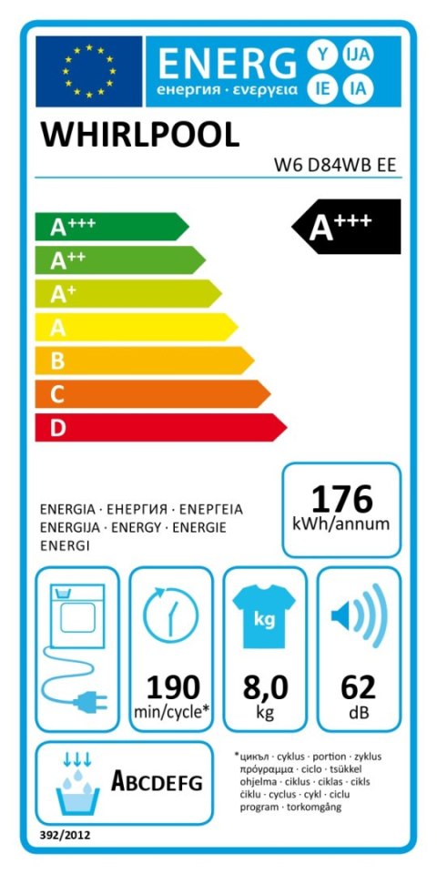 Whirlpool Dryer Machine with Heat Pump | W6 D84WB EE | Energy efficiency class A+++ | Front loading | 8 kg | LCD | Depth 65.6 cm