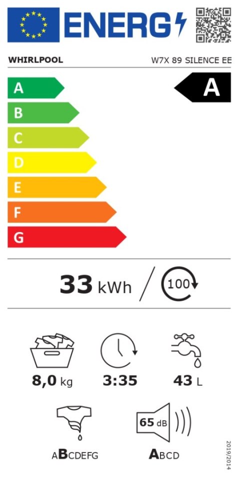 Whirlpool Washing machine | W7X 89 SILENCE EE | Energy efficiency class A | Front loading | Washing capacity 8 kg | 1400 RPM | D