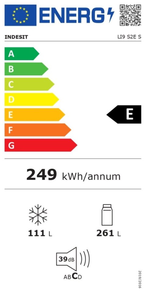 Lodówka Indesit LI9 S2E S, E, wolnostojąca, wysokość 201,3 cm, pojemność netto chłodziarki 261 l, pojemność netto zamrażarki 111 Lodówka Indesit LI9 S2E S, E, wolnostojąca, wysokość 201,3 cm, pojemność netto chłodziarki 261 l, pojemność netto zamrażarki 111