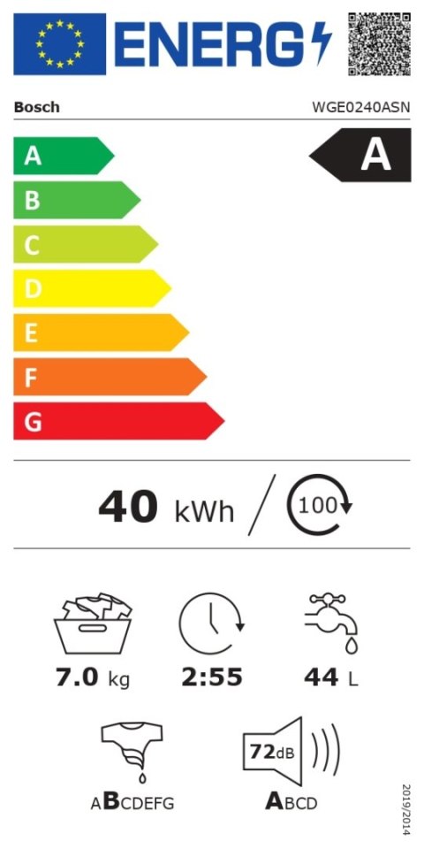 Pralka Bosch | WGE0240ASN | Klasa efektywności energetycznej A | Ładowana od frontu | Pojemność prania 7 kg | 1400 obr/min | Głę