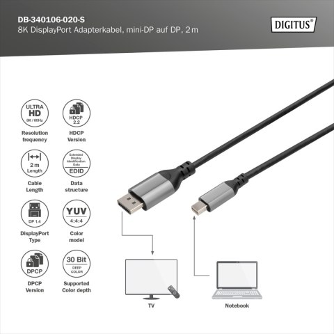 DIGITUS 8K DisplayPort Adapter Cable, Mini DP to DP, 2 m | Digitus DIGITUS 8K DisplayPort Adapter Cable, Mini DP to DP, 2 m | Digitus