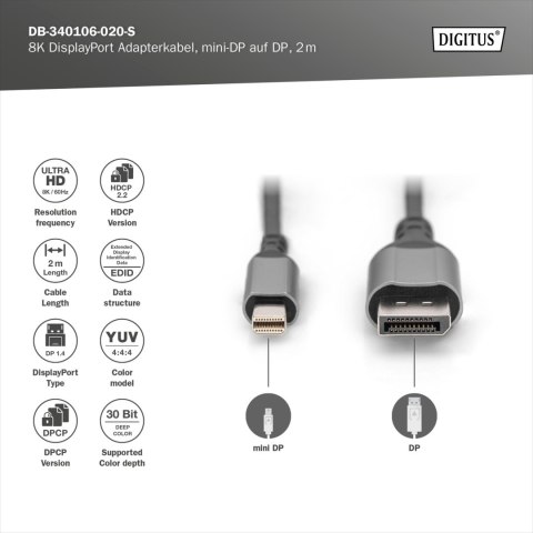 DIGITUS 8K DisplayPort Adapter Cable, Mini DP to DP, 2 m | Digitus DIGITUS 8K DisplayPort Adapter Cable, Mini DP to DP, 2 m | Digitus