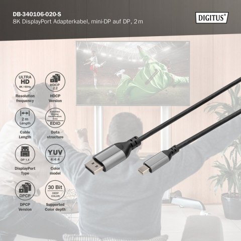 DIGITUS 8K DisplayPort Adapter Cable, Mini DP to DP, 2 m | Digitus DIGITUS 8K DisplayPort Adapter Cable, Mini DP to DP, 2 m | Digitus