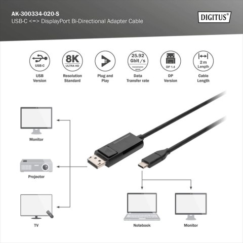 DIGITUS USB Type-C DisplayPort Bi-Directional Adapter Cable, 2 m | Digitus DIGITUS USB Type-C DisplayPort Bi-Directional Adapter Cable, 2 m | Digitus