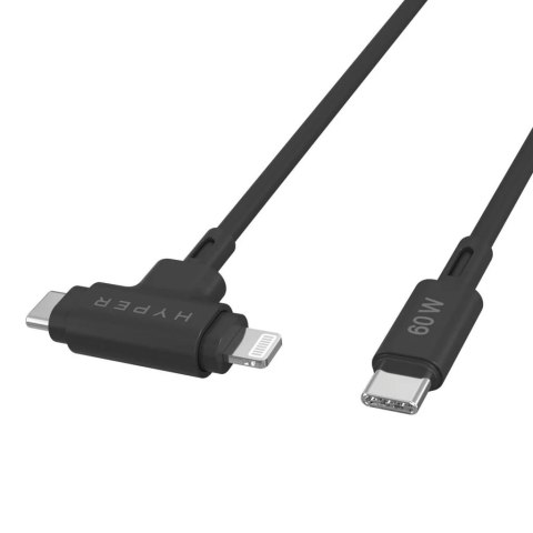 Hyper HyperJuice Silikonowy kabel USB-C do USB-C i Lightning Hybrid 60W, czarny | Hyper Hyper HyperJuice Silikonowy kabel USB-C do USB-C i Lightning Hybrid 60W, czarny | Hyper