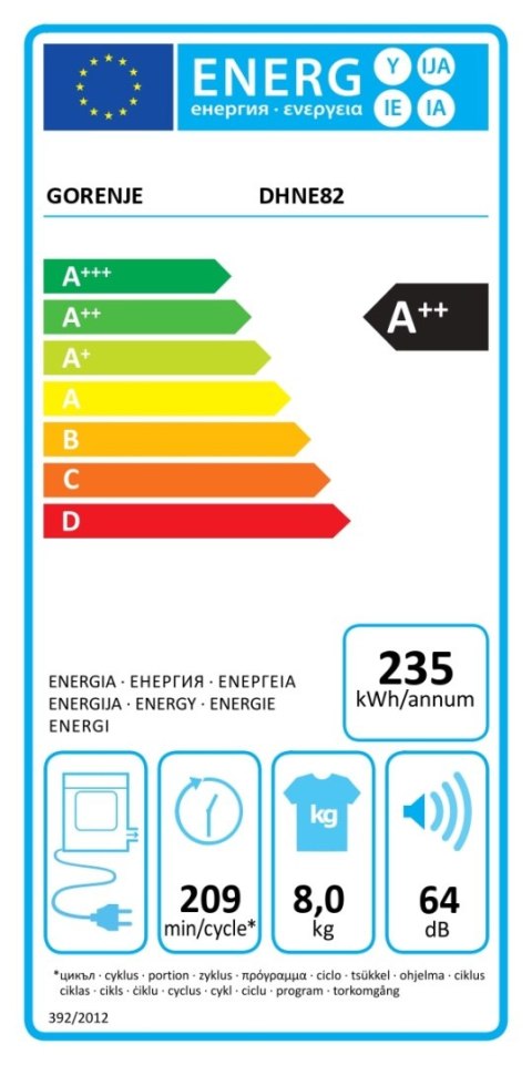 Gorenje Dryer Machine | DHNE82 | Energy efficiency class Class A++ | Front loading | 8 kg | LED | Depth 55 cm | White Gorenje Dryer Machine | DHNE82 | Energy efficiency class Class A++ | Front loading | 8 kg | LED | Depth 55 cm | White