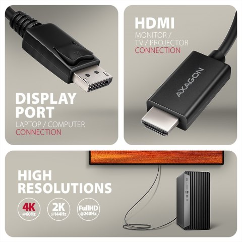 AXAGON RVD-HI20C2 Kabel DisplayPort -> HDMI 2.0b 1,8 m, 4K/60Hz | AXAGON AXAGON RVD-HI20C2 Kabel DisplayPort -> HDMI 2.0b 1,8 m, 4K/60Hz | AXAGON