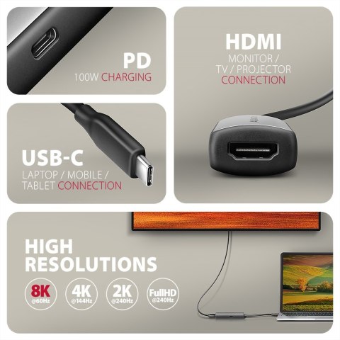 Adapter AXAGON RVC-HI8KPD USB-C -> HDMI 2.1, 8K/60Hz, 4K/144Hz, HDR10+, PD 100W | AXAGON Adapter AXAGON RVC-HI8KPD USB-C -> HDMI 2.1, 8K/60Hz, 4K/144Hz, HDR10+, PD 100W | AXAGON