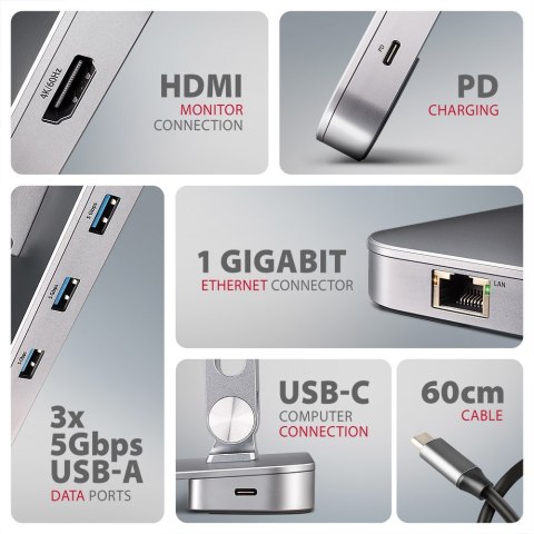Podstawka AXAGON HMC-STND dla laptopów 10"-16" i huba USB 5Gbps, 3x USB-A, HDMI 4K/60Hz, RJ-45 | AXAGON Podstawka AXAGON HMC-STND dla laptopów 10"-16" i huba USB 5Gbps, 3x USB-A, HDMI 4K/60Hz, RJ-45 | AXAGON