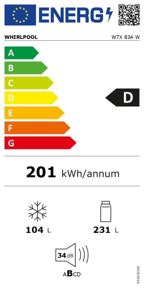Lodówka Whirlpool | W7X 83A W | Klasa efektywności energetycznej D | Wolnostojąca | Kombi | Wysokość 191,2 cm | System No Frost